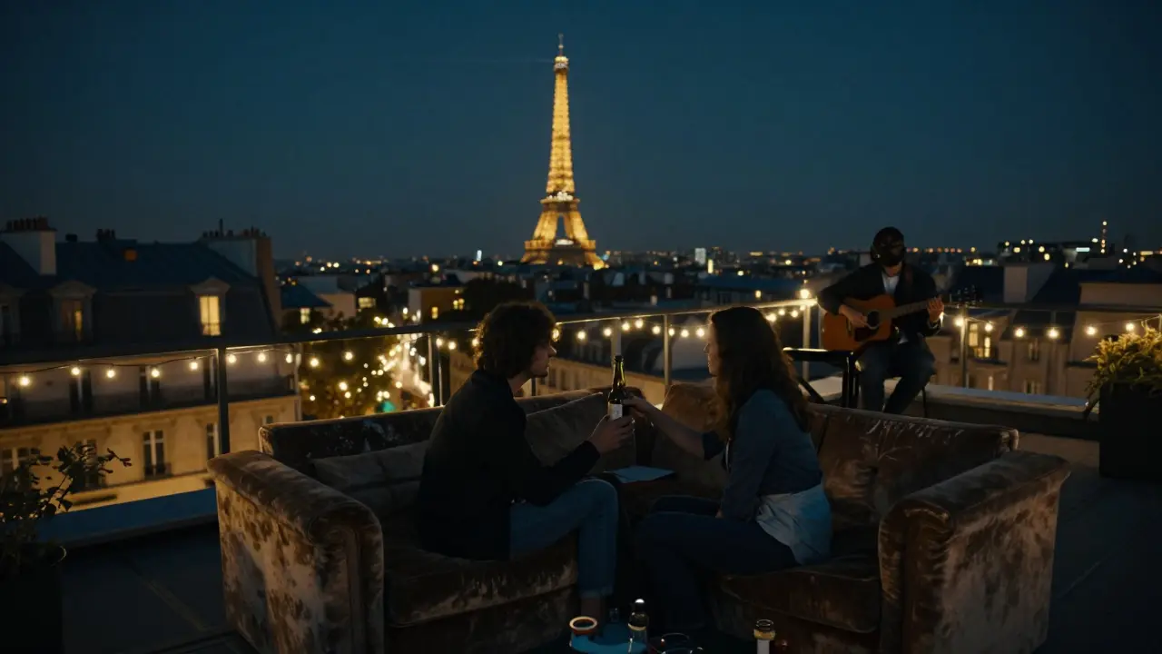A quiet rooftop terrace at night with a couple overlooking Paris, soft lights and a guitarist in the background.