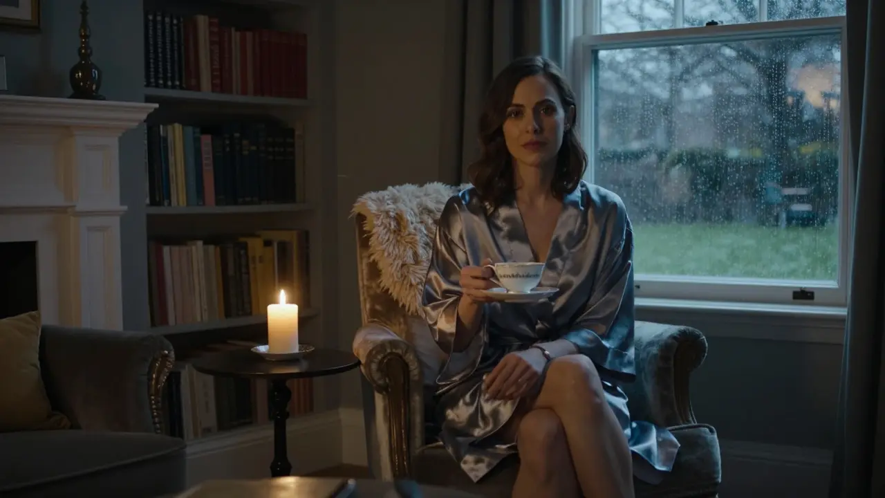 A serene private living room with candlelight, books, and a woman offering tea.