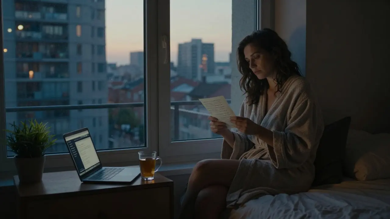 A tired but serene escort sits alone at dawn, holding a note, with Milan’s skyline visible through the window.