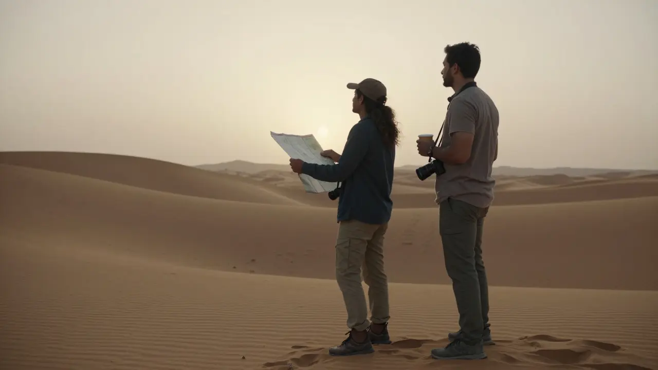 A traveler and local guide standing on a desert dune at sunrise, sharing a moment of cultural exchange without any transactional context.