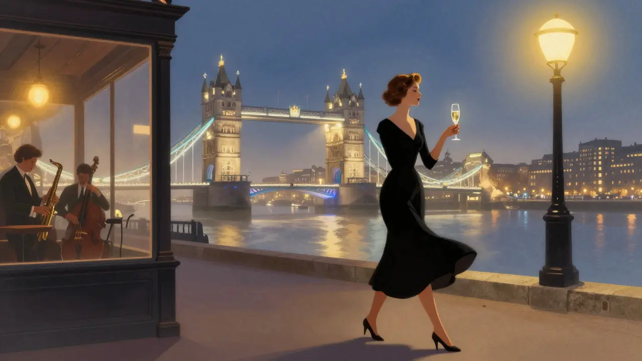 A woman walking along the Thames at night, Tower Bridge glowing, jazz bar window glowing in the mist.