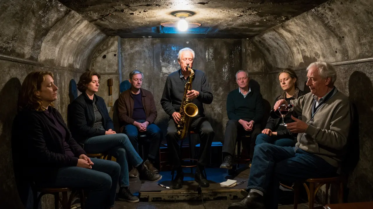 An intimate jazz cellar under a subway station, with a saxophonist playing and patrons lost in the music.