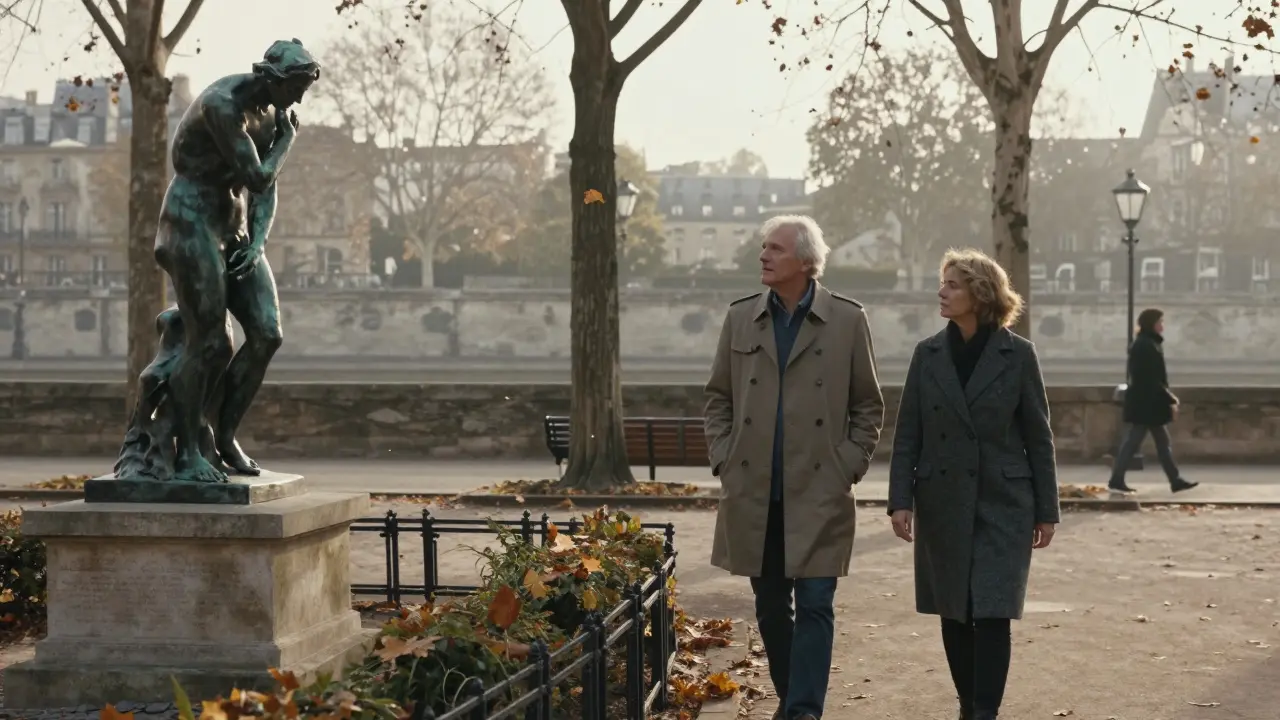 An older man and woman walking peacefully along the Seine near Rodin's sculptures.