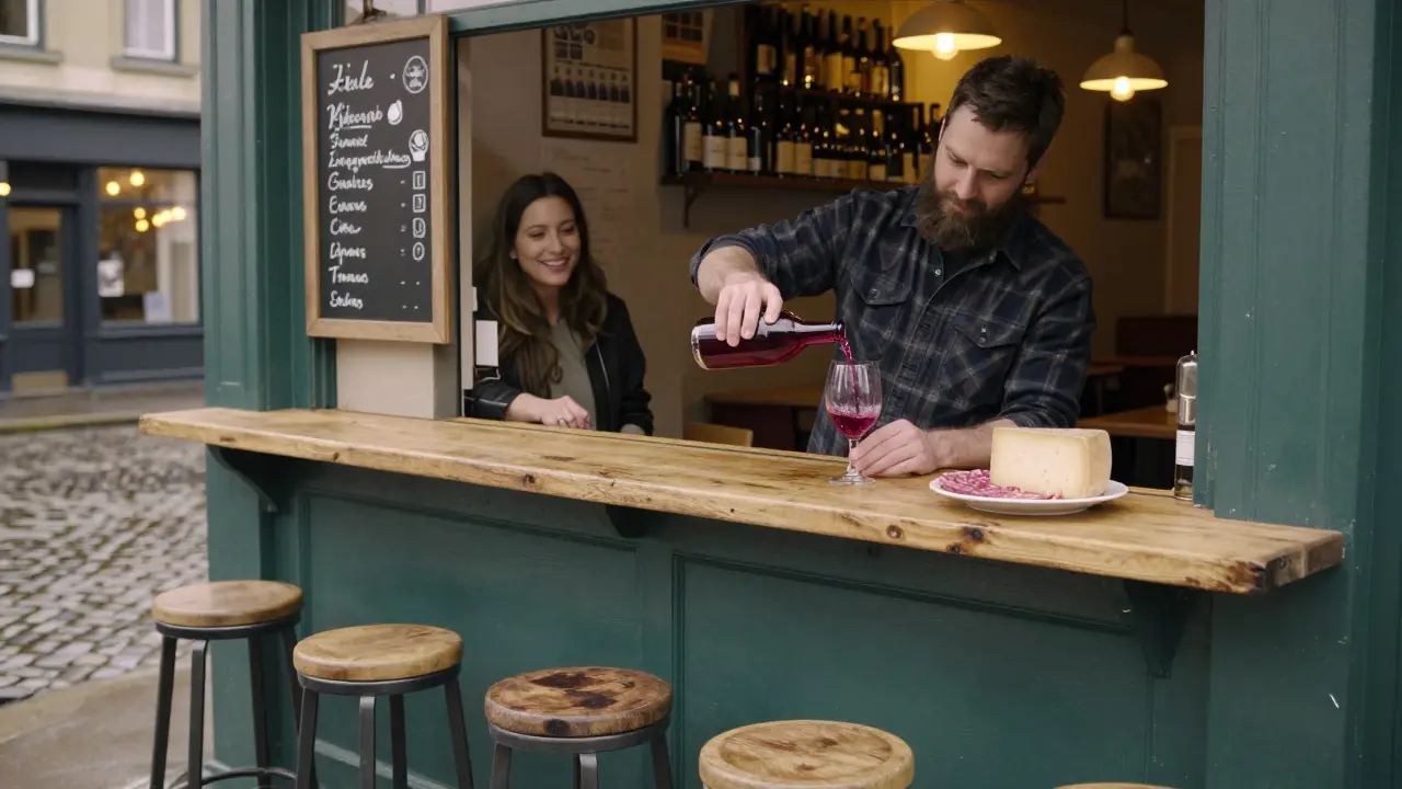 An owner pours Gamay at a tiny Peckham wine bar with six stools and a chalkboard menu.