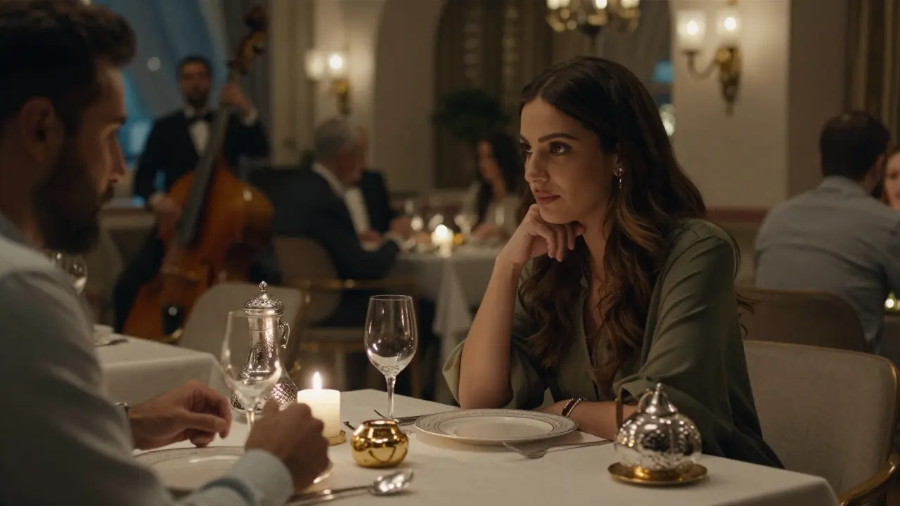 Candlelit dinner with quiet companionship in a refined Abu Dhabi restaurant.