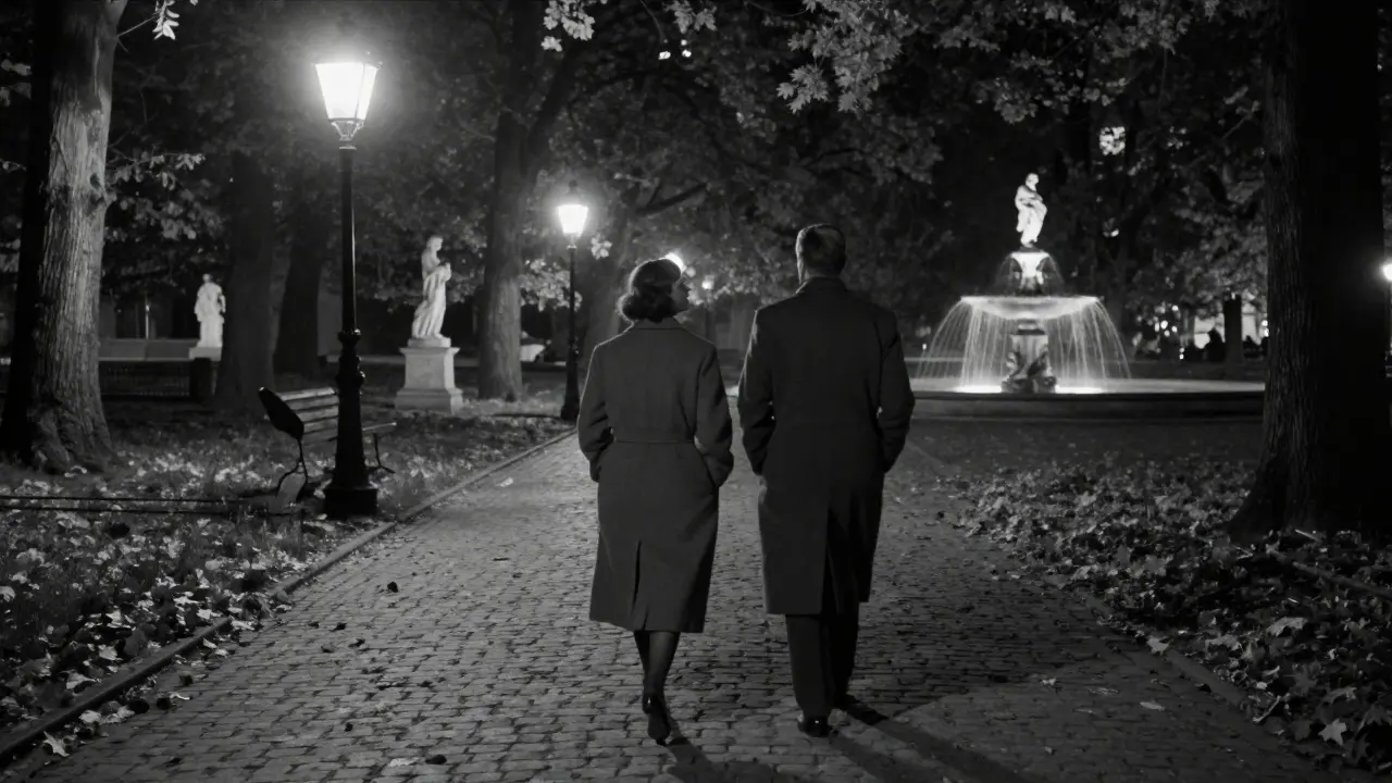 Couple walking peacefully under lanterns in Tiergarten Park at night.