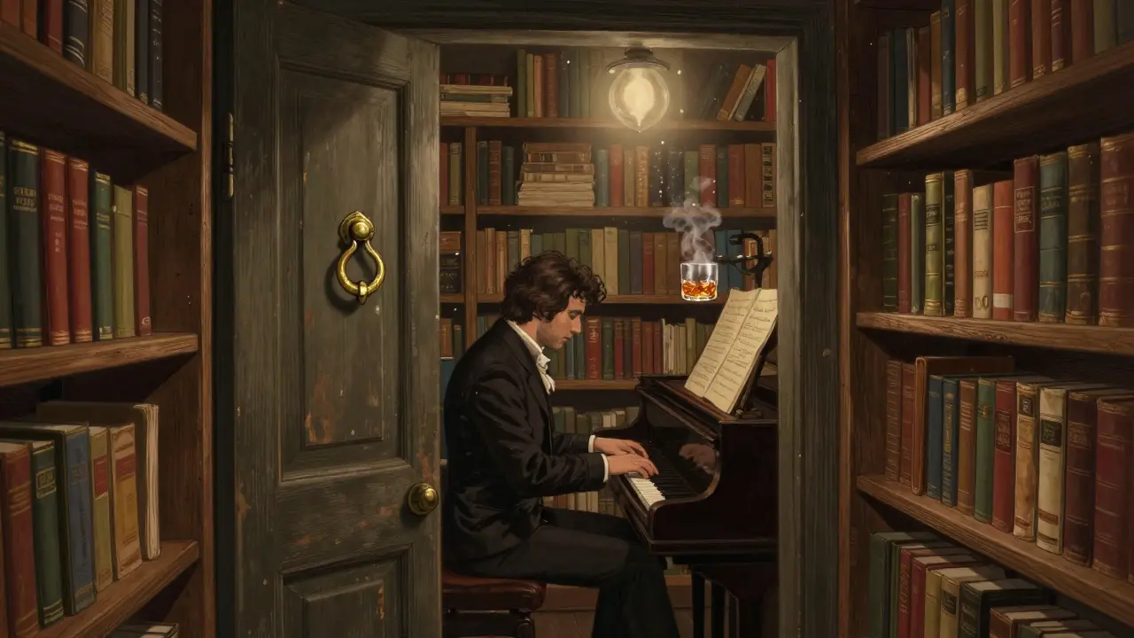 Cozy basement jazz den with bookshelves, a pianist playing under soft light, and a whiskey glass on a wooden table.