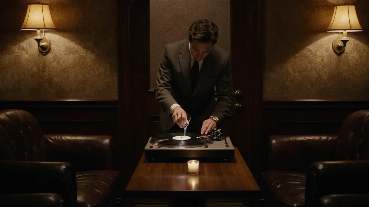 Cozy speakeasy interior with dim lighting, leather chairs, and a bartender preparing a craft cocktail in a quiet, elegant setting.