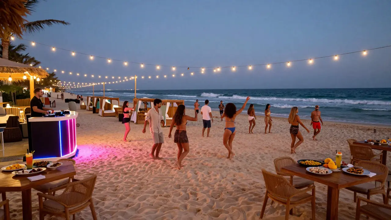 Dancers barefoot on a beach at twilight under string lights with DJs and cocktails nearby.