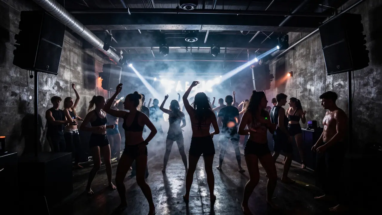 Dancers in silhouette under pulsing strobe lights at a warehouse nightclub, bass vibrations in the air.