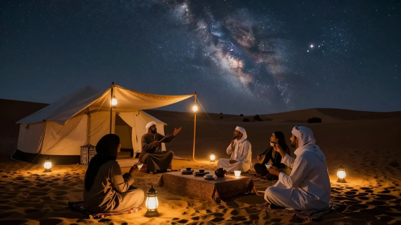 Desert night at Al Ain Oasis with lantern-lit tents, star-filled sky, and Bedouin storyteller under a canopy of stars.