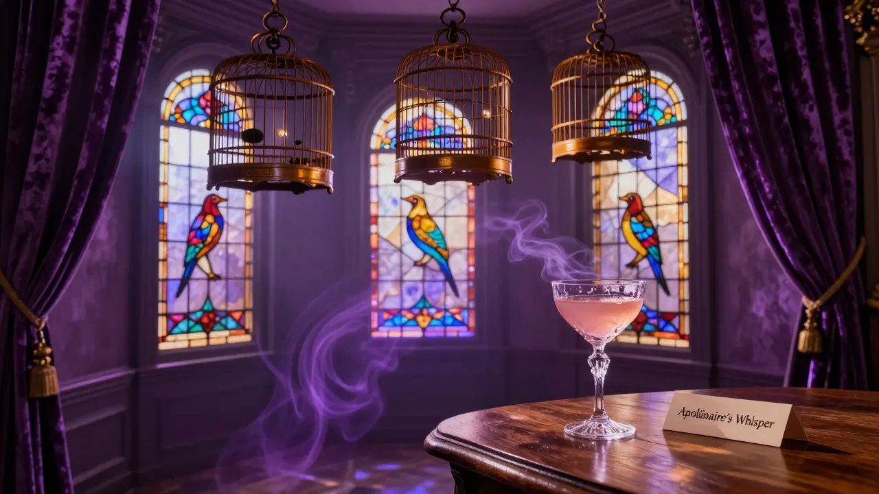 Dreamy room with birdcages and stained glass, ambient lighting, and a poetic cocktail resting on a table.