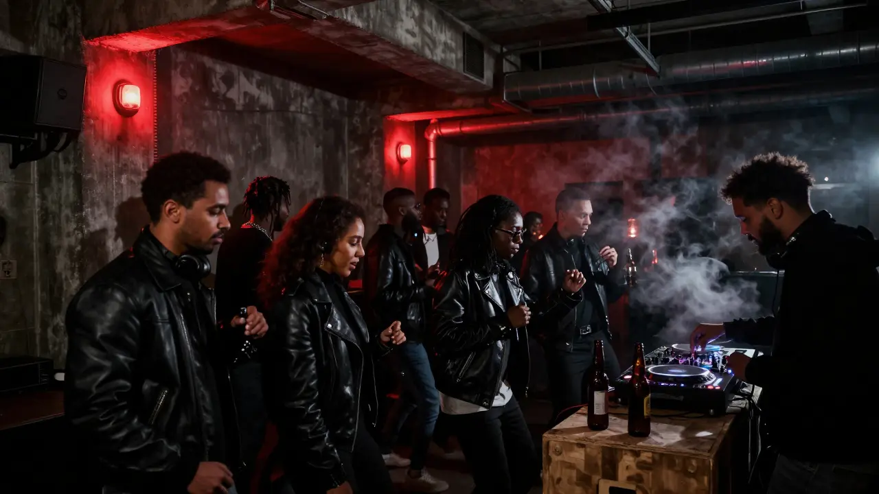 Industrial nightclub Ex Dogana with dancers under red lights and a DJ spinning Afro-house.