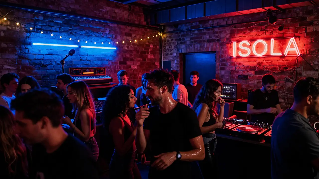 Industrial warehouse club in Isola with crowd dancing under neon lights.