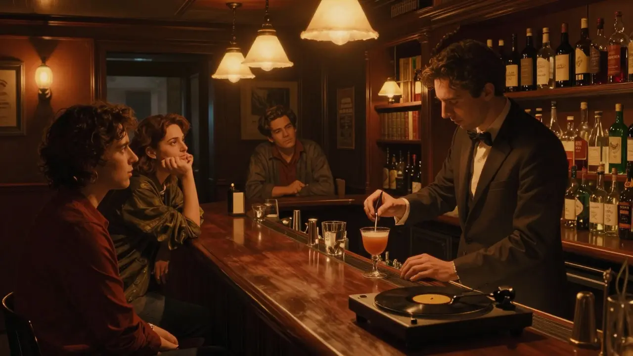 Intimate speakeasy bar with a bartender mixing a custom cocktail in dim amber light.