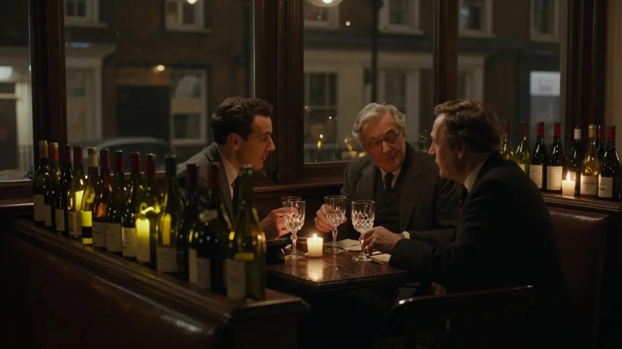 Intimate wine bar with candlelit tables, two people conversing quietly among bottles of wine.