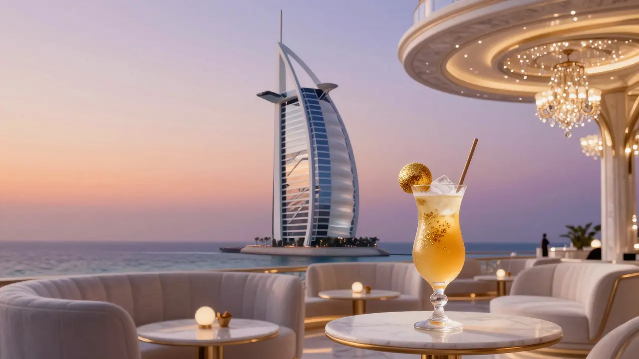 Luxurious lounge atop Burj Al Arab with guest enjoying a gold-dusted cocktail above the Arabian Gulf.