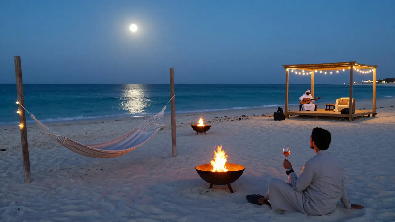 Peaceful beachside setting at night with fire pits, hammocks, and a musician playing oud by the sea.