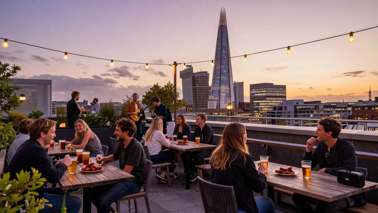 Rooftop bar at sunset with people relaxing among string lights and London skyline views.