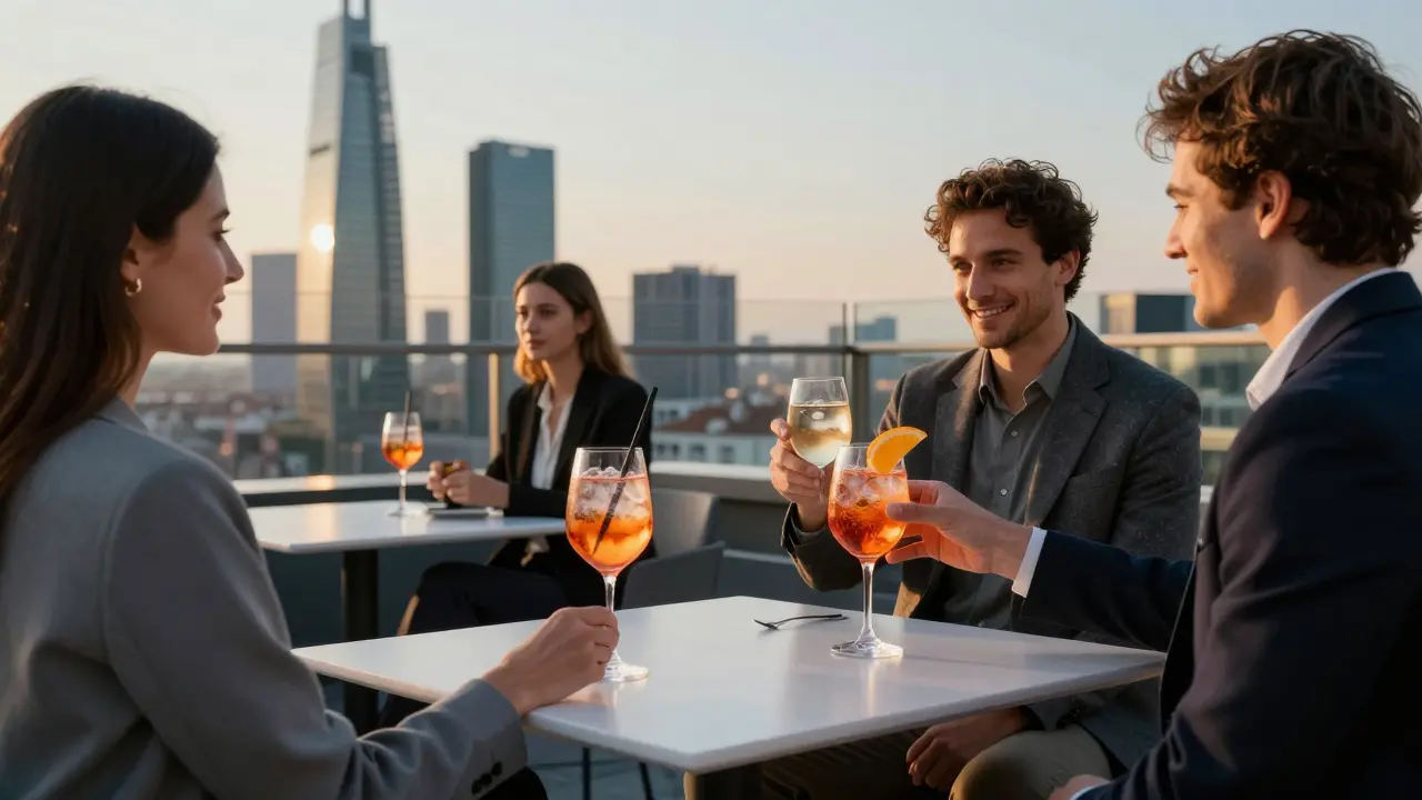 Rooftop lounge with skyline view and guests sipping Aperol Spritz at sunset.