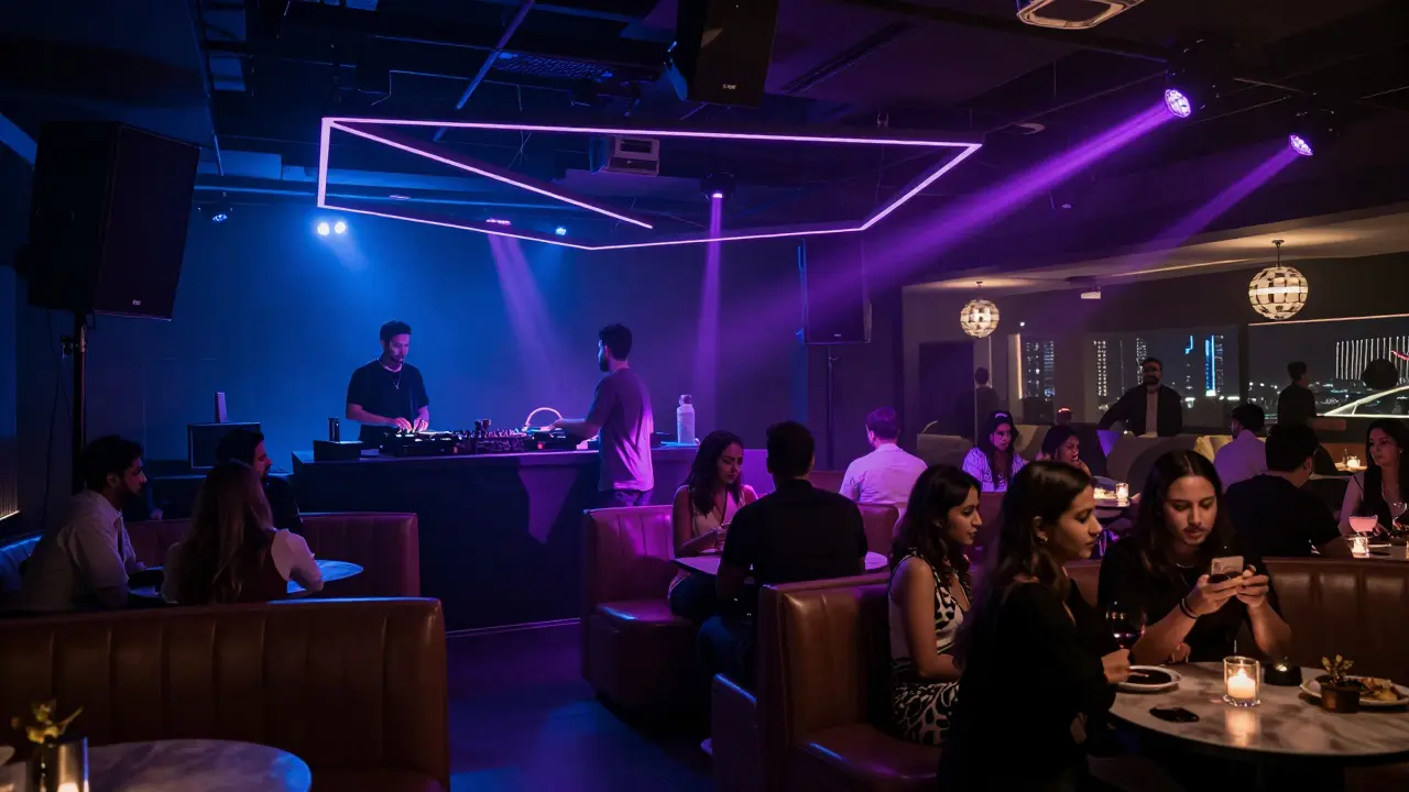 Sophisticated nightclub with ambient lighting and a calm crowd dancing to deep house music.