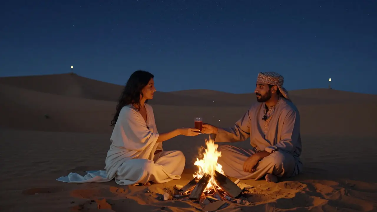 Woman and man sharing a quiet moment by a desert fire under starry skies.
