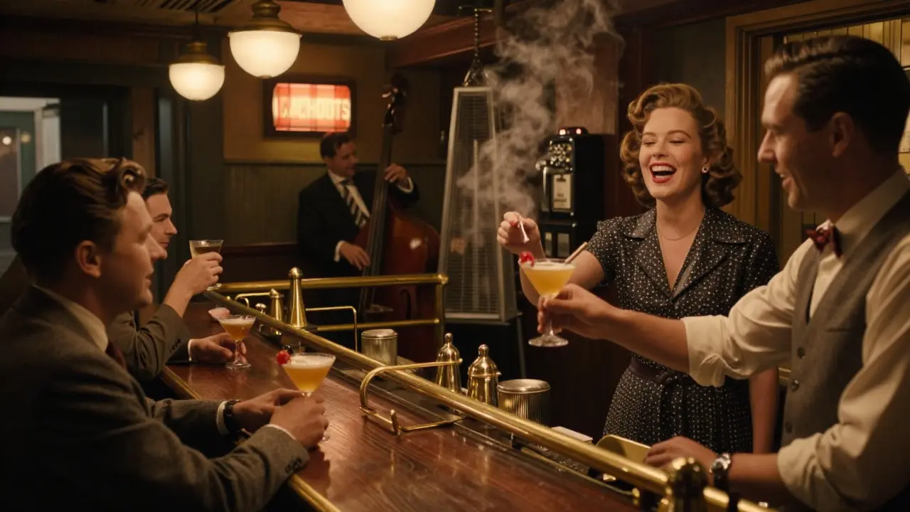 1940s-themed bar with jazz band and patrons in vintage clothing sipping cocktails.
