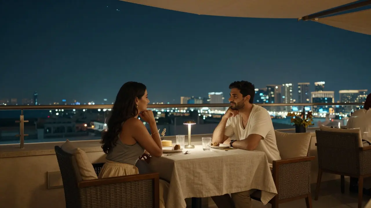A couple shares quiet conversation on a rooftop lounge in Abu Dhabi under twinkling city lights and stars.