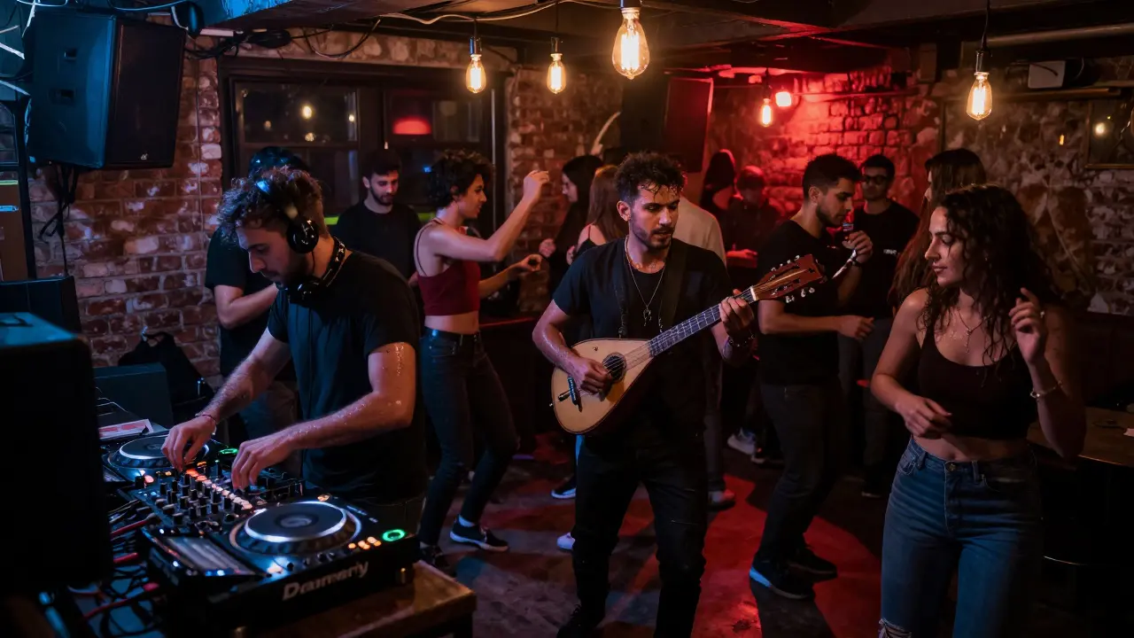 A crowded underground club in Karaköy with people dancing to Turkish techno, exposed brick walls and low lighting.