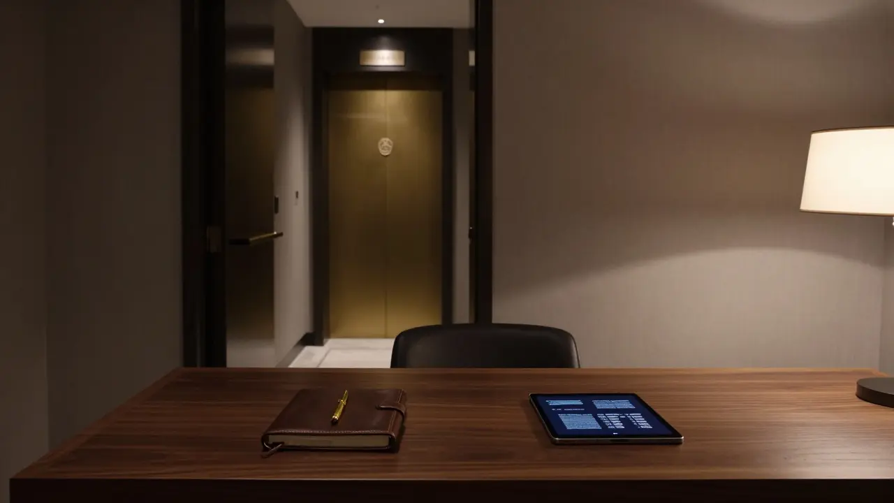 A discreet luxury concierge office with a leather notebook and encrypted tablet, exuding quiet exclusivity.