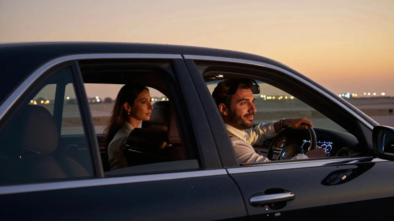 A luxury car drives along the Corniche at dusk, a couple in the backseat enjoying the city lights and desert horizon.