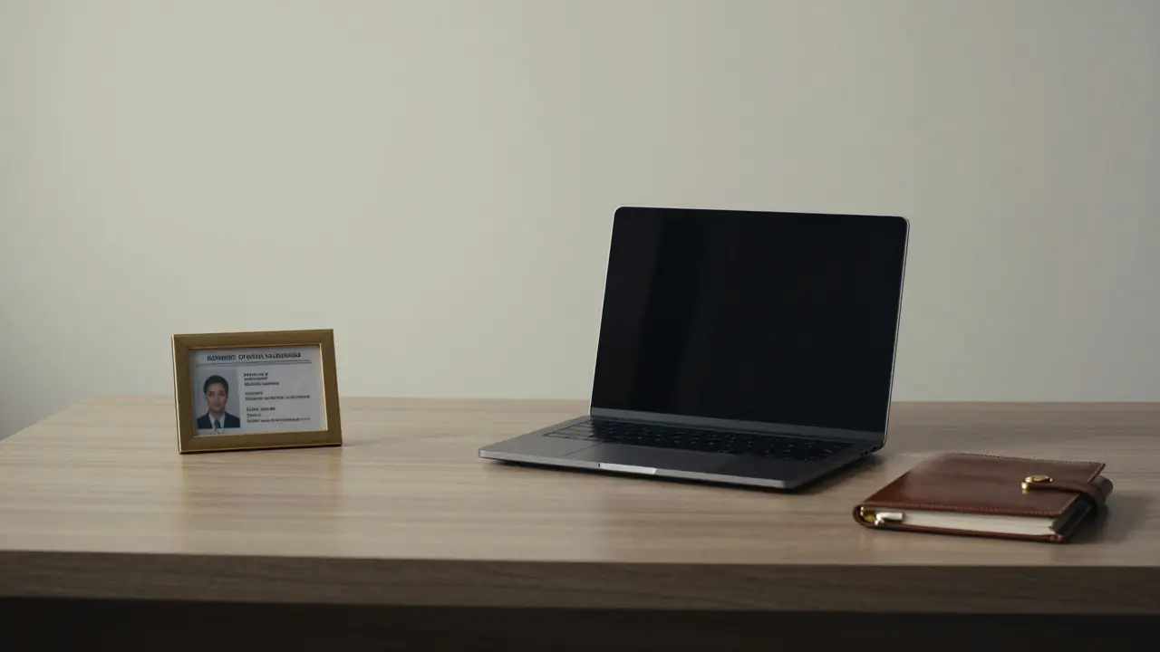 A minimalist agency office with a government ID and booking log displayed, no faces visible, only shadows and muted tones.