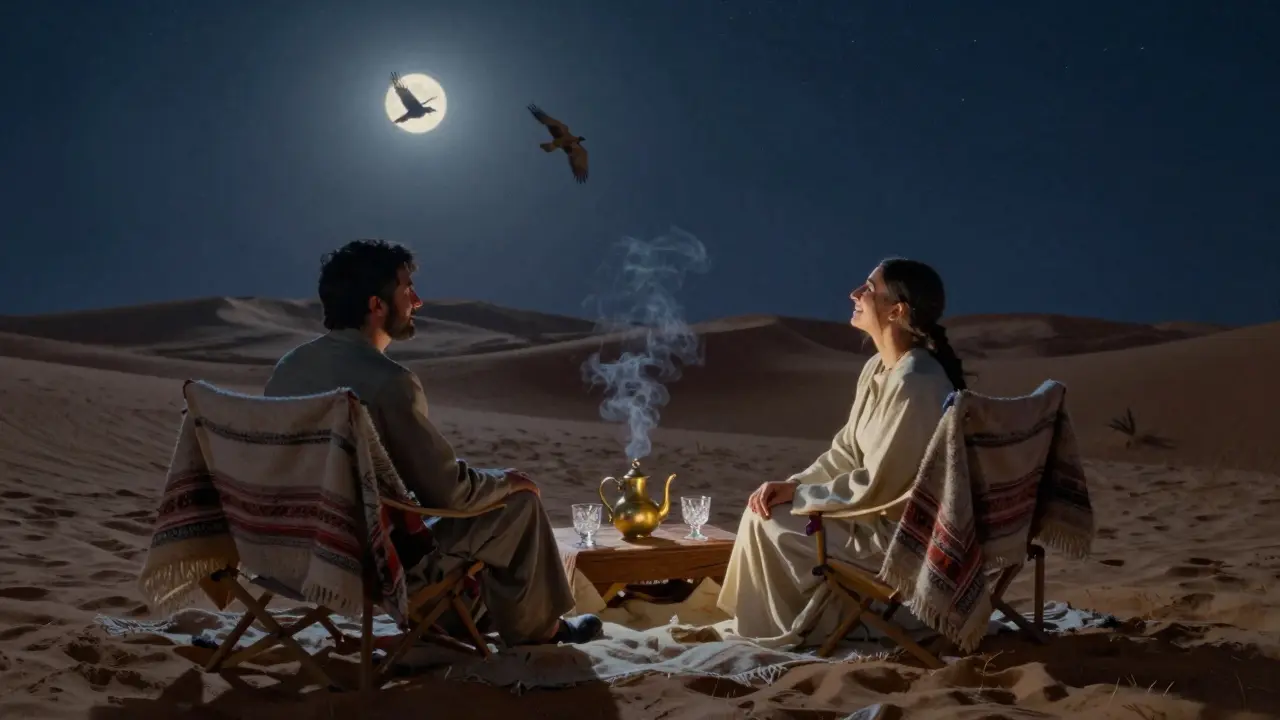 A quiet desert picnic under starry skies in Al Maha Resort, with tea service and falcons flying overhead.