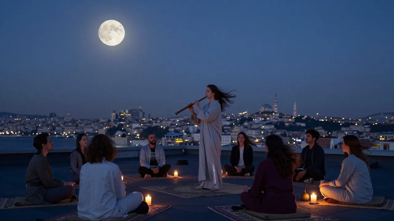 A quiet rooftop at night with a woman playing a ney flute under a full moon, guests sitting in silent contemplation.