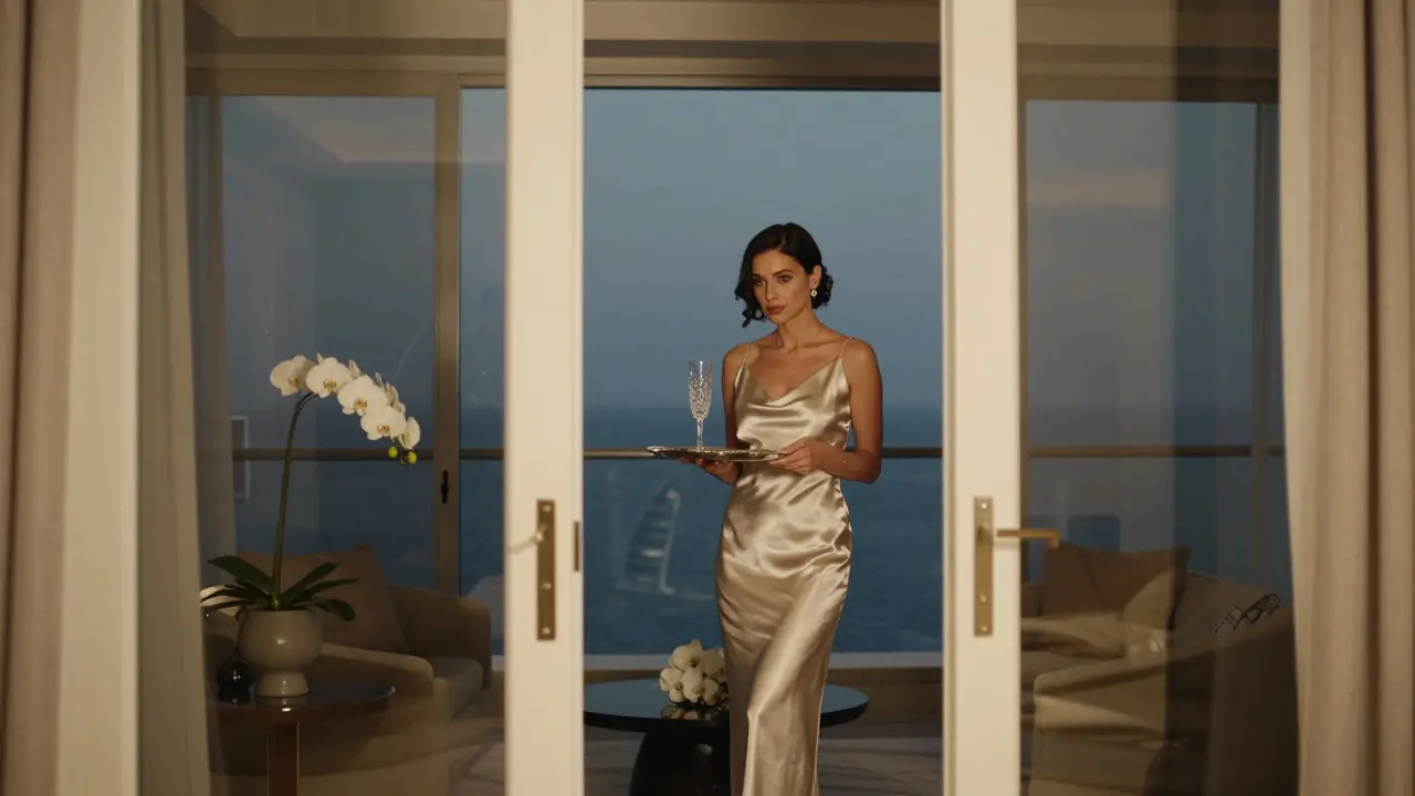 A refined private setting in Jumeirah with champagne and orchids, exuding quiet elegance and exclusivity.