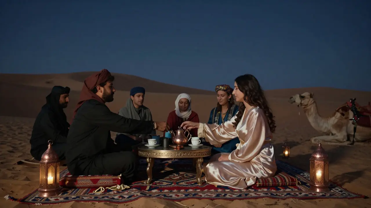 A serene desert camp under starry skies, with a woman serving tea in traditional elegance.