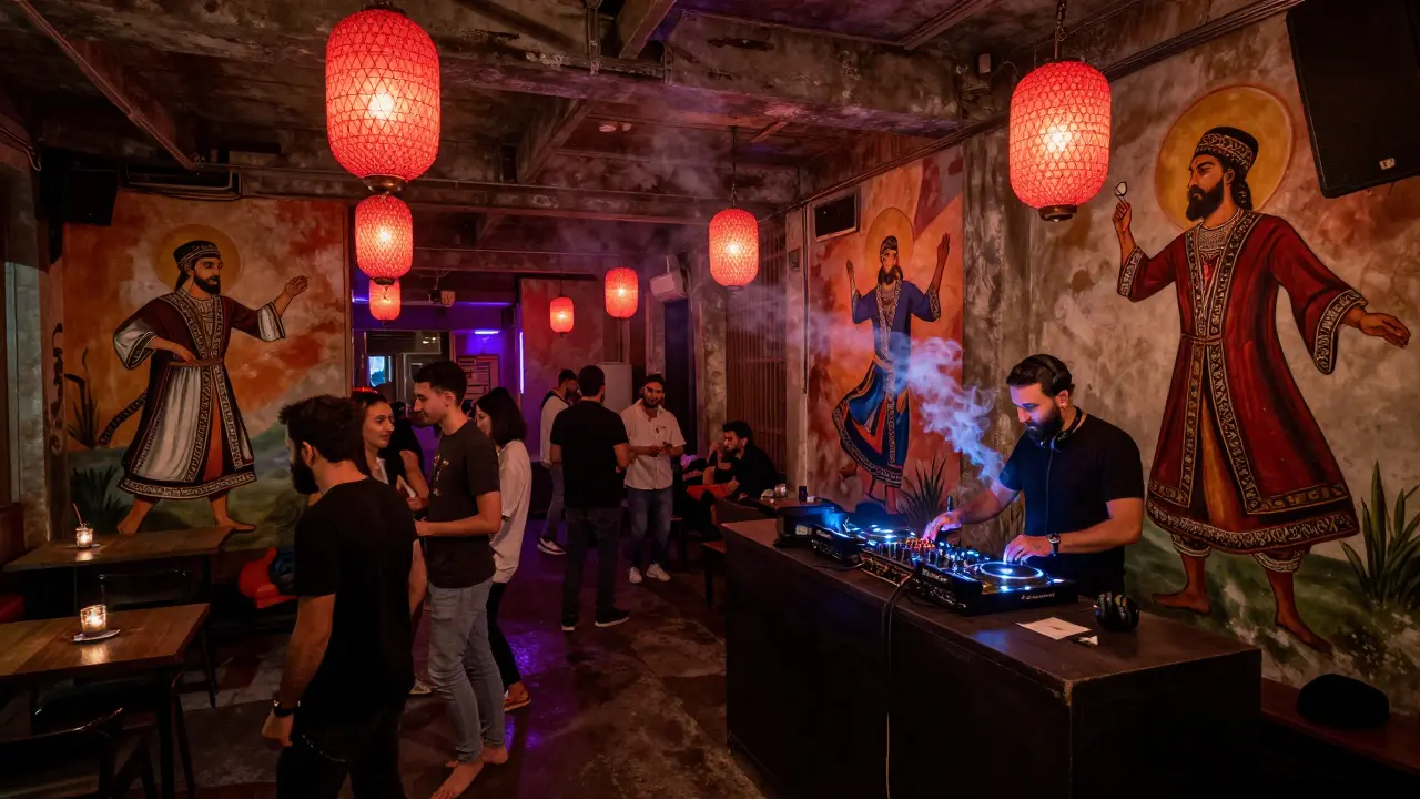 An underground warehouse club with murals of dancers, dim lighting, and a diverse crowd enjoying live electronic music.