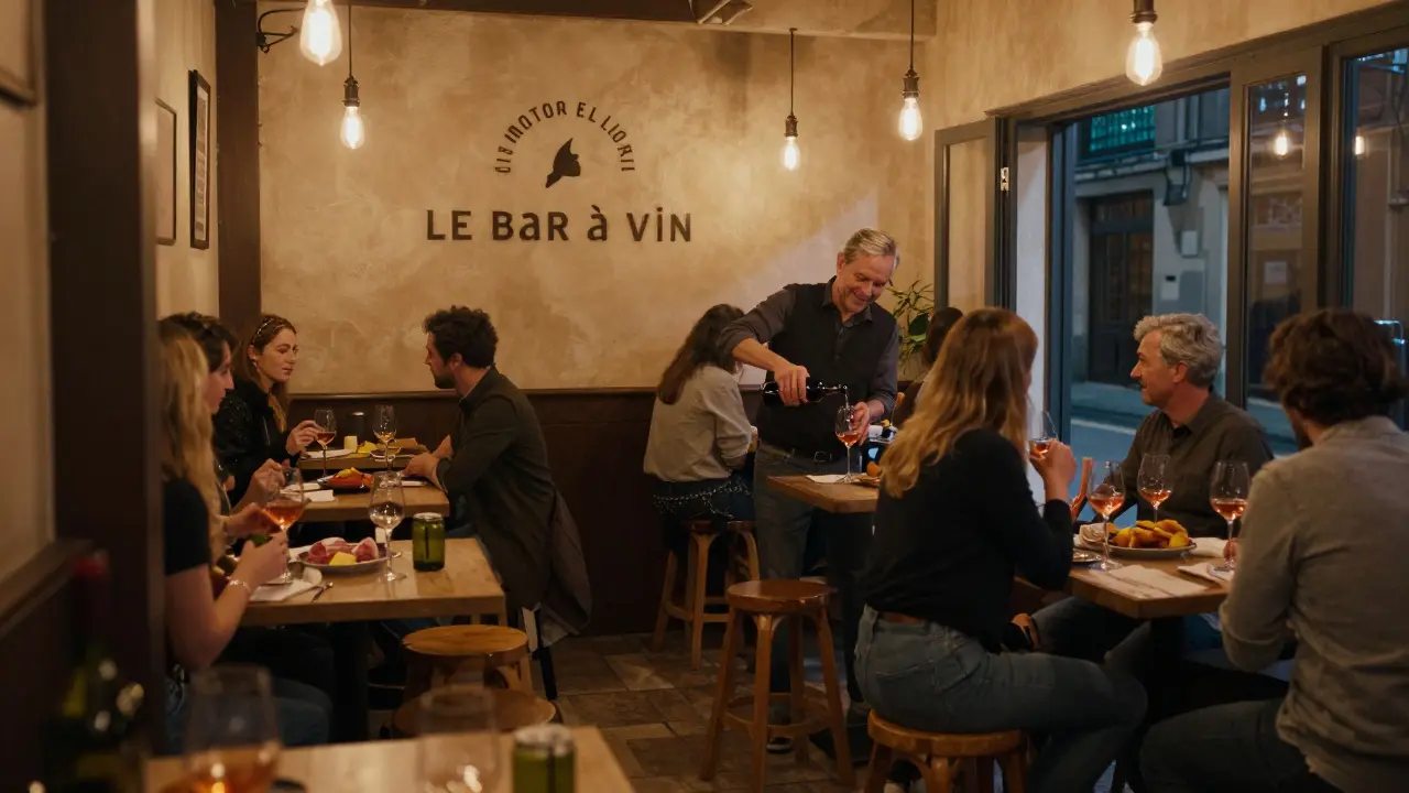 Cozy hidden wine bar with locals sharing drinks, warm lighting and intimate setting.