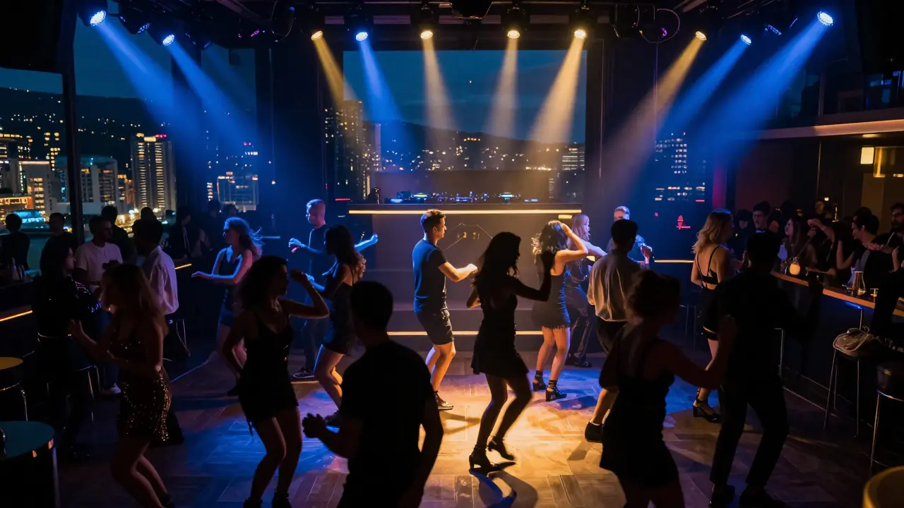 Crowd dancing in a sleek nightclub with city lights visible through large windows, styled in evening wear.