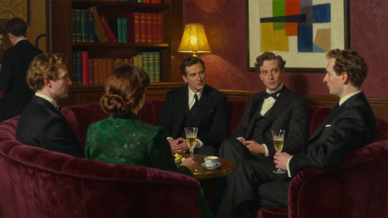 Elegant guests chat in a dimly lit private club beside a velvet couch.