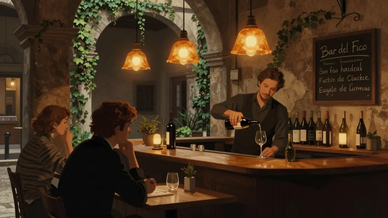 Intimate bar in Brera with bartender pouring wine, soft lighting, and Renaissance architecture.