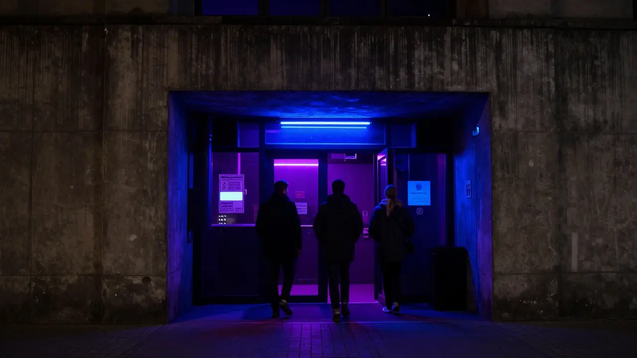 Nighttime Berlin nightclub entrance with neon lighting.
