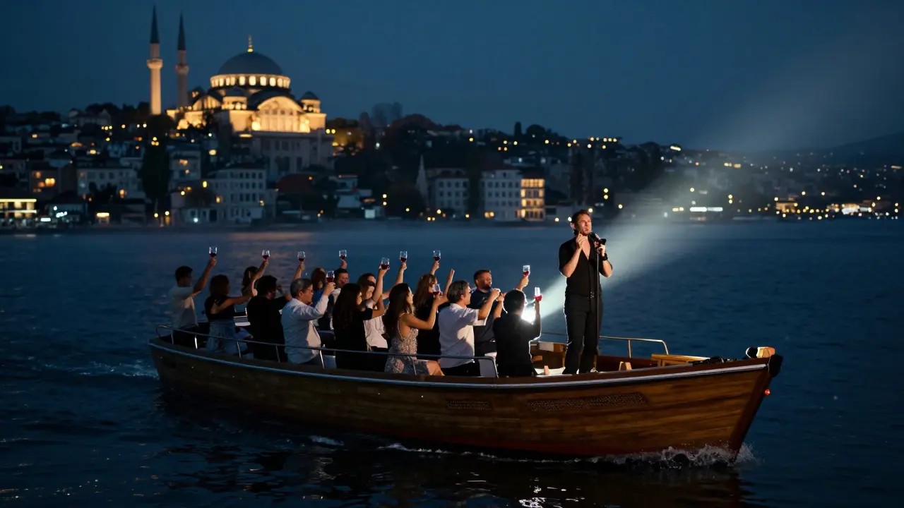 Passengers on a Bosphorus night cruise dancing under starlight as a singer performs a traditional ballad with a spotlight on the water.