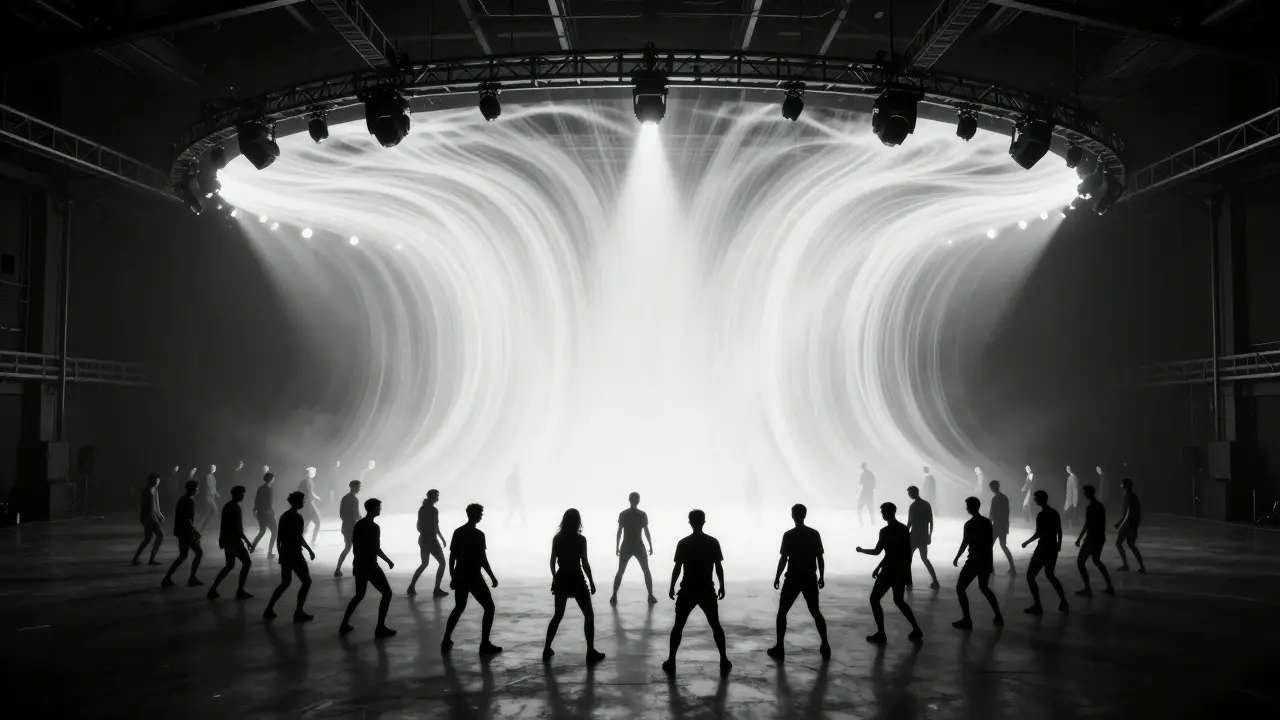 Silhouetted crowd moving as one under strobe lights in Fabric's massive dance floor.