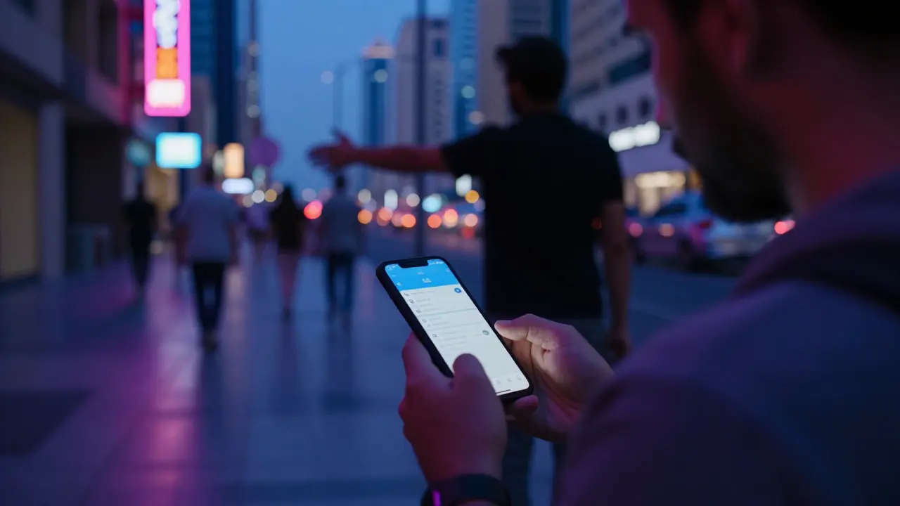 Tourist looking at smartphone with shadowy figure approaching in city street.