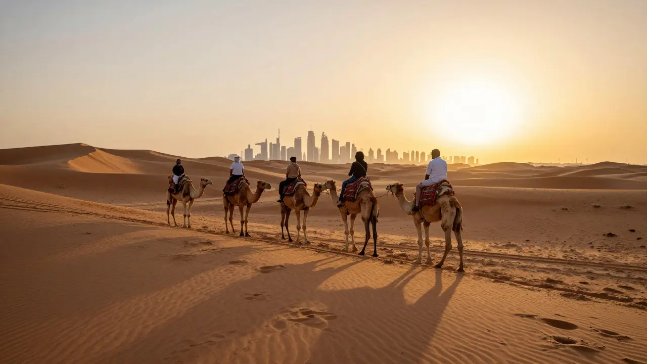 Tourists riding camels across desert dunes at sunset.