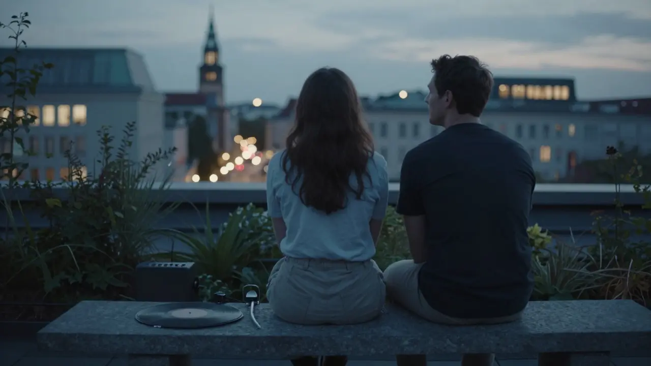 Two individuals sitting in silence on a rooftop garden at twilight, city lights glowing softly in the background.