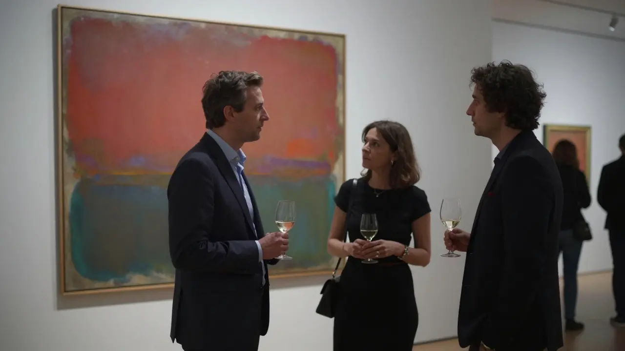 Two people engage in thoughtful conversation before an abstract painting at an art gallery.