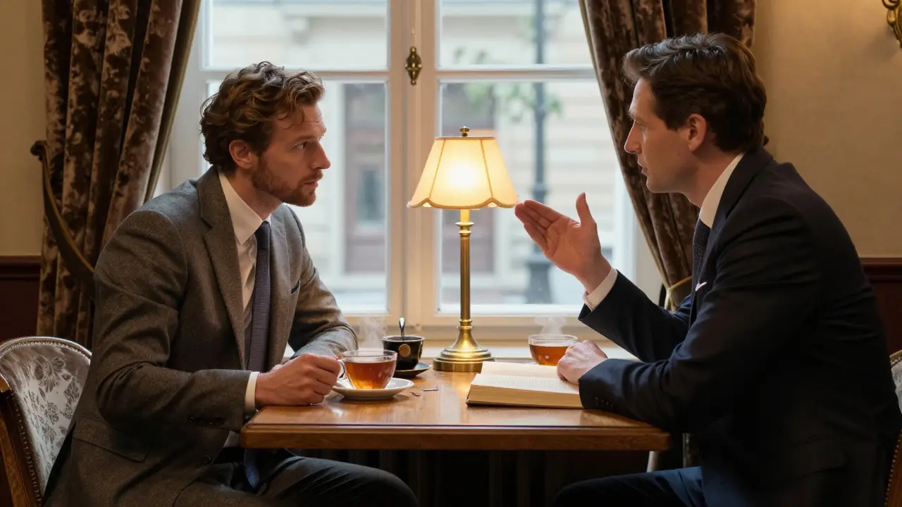 Two people engaged in deep conversation over tea in a refined Berlin hotel suite, surrounded by books and velvet drapes.
