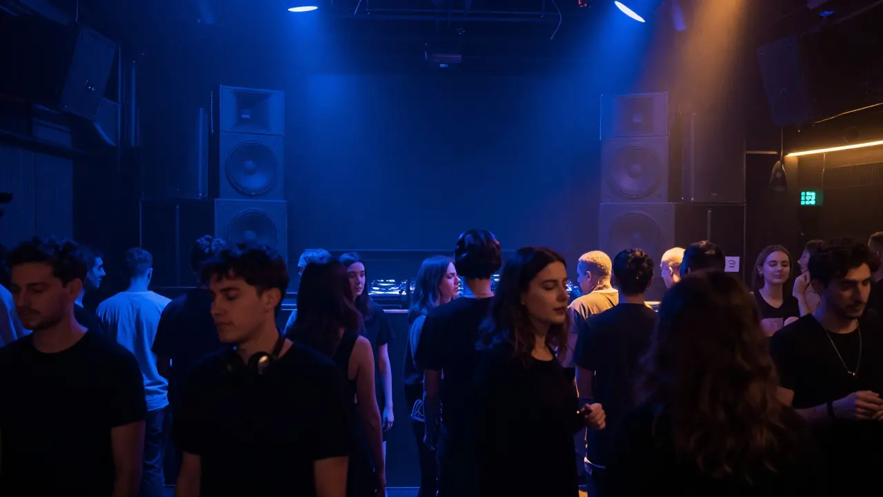 Underground club with crowd lost in minimalist techno, dim blue and amber lights.